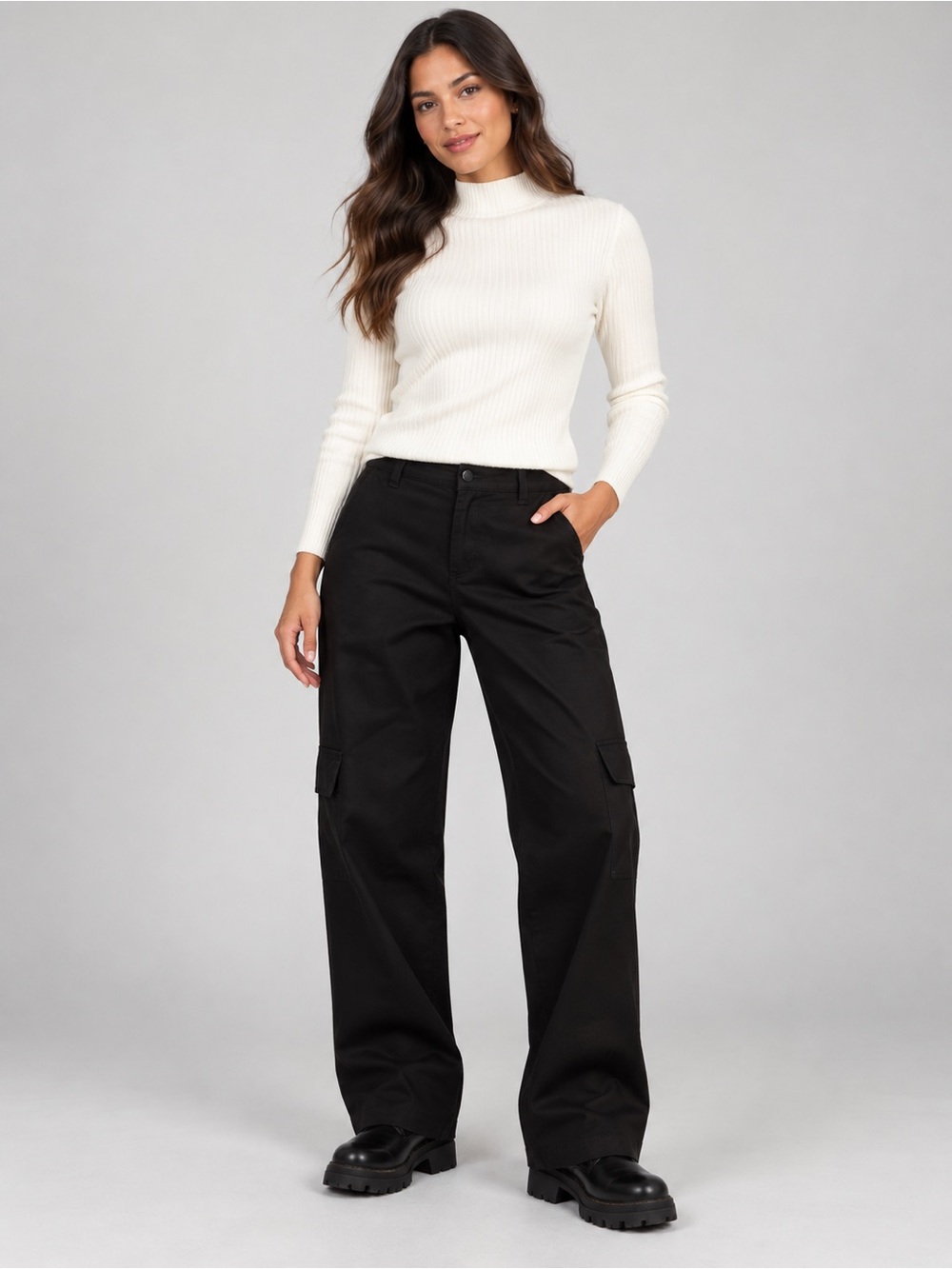 Mandalay & Co. Black Wide Leg Cargo Pants High Waist Pocket Relaxed Trouser SML